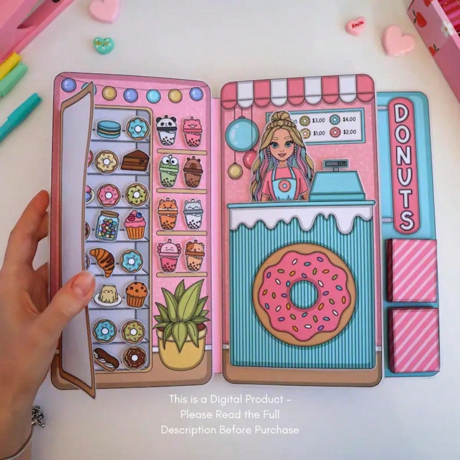 Art Craft 6 Year Old - ชุดของเล่นจำลองร้านโดนัท, หนังสือสติกเกอร์บ้านตุ๊กตากระดาษ DIY, ชุดงานฝีมือหนังสือเงียบสำหรับเด็ก, ชุดตัดและทำของเล่นแฮนด์เมด