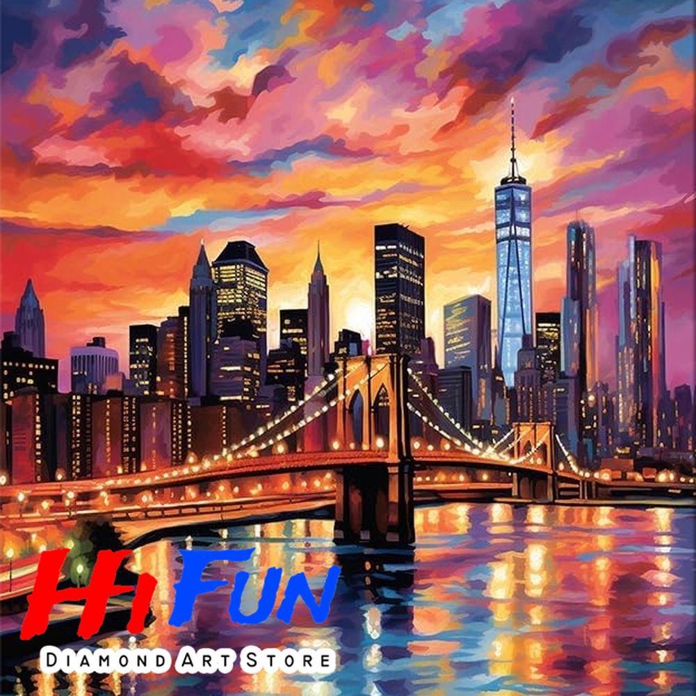 Art And Craft New York - ภาพวาดเพชร ภาพทิวทัศน์เมืองนิวยอร์ก สะพานบรูคลิน พระอาทิตย์ตก งานฝีมือ ภาพโมเสกเพชรทรงกลมและสี่เหลี่ยมเต็มรูปแบบ