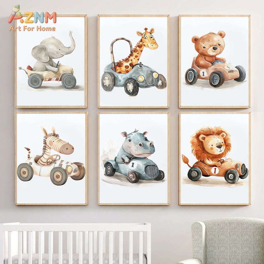 Art & Craft Fair - AZNM รถแข่งสัตว์ซาฟารีน่ารัก สีน้ำ ภาพพิมพ์ศิลปะติดผนังสำหรับห้องเด็ก