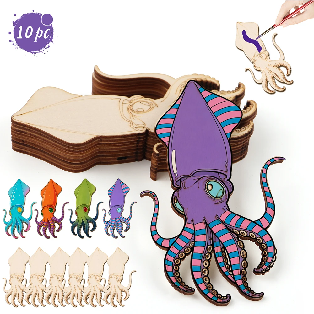 Craft Art Set - ชุดงานฝีมือไม้รูปปลาหมึกยักษ์ 10 ชิ้น/ชุด สำหรับตกแต่งแขวนผนัง งาน DIY
